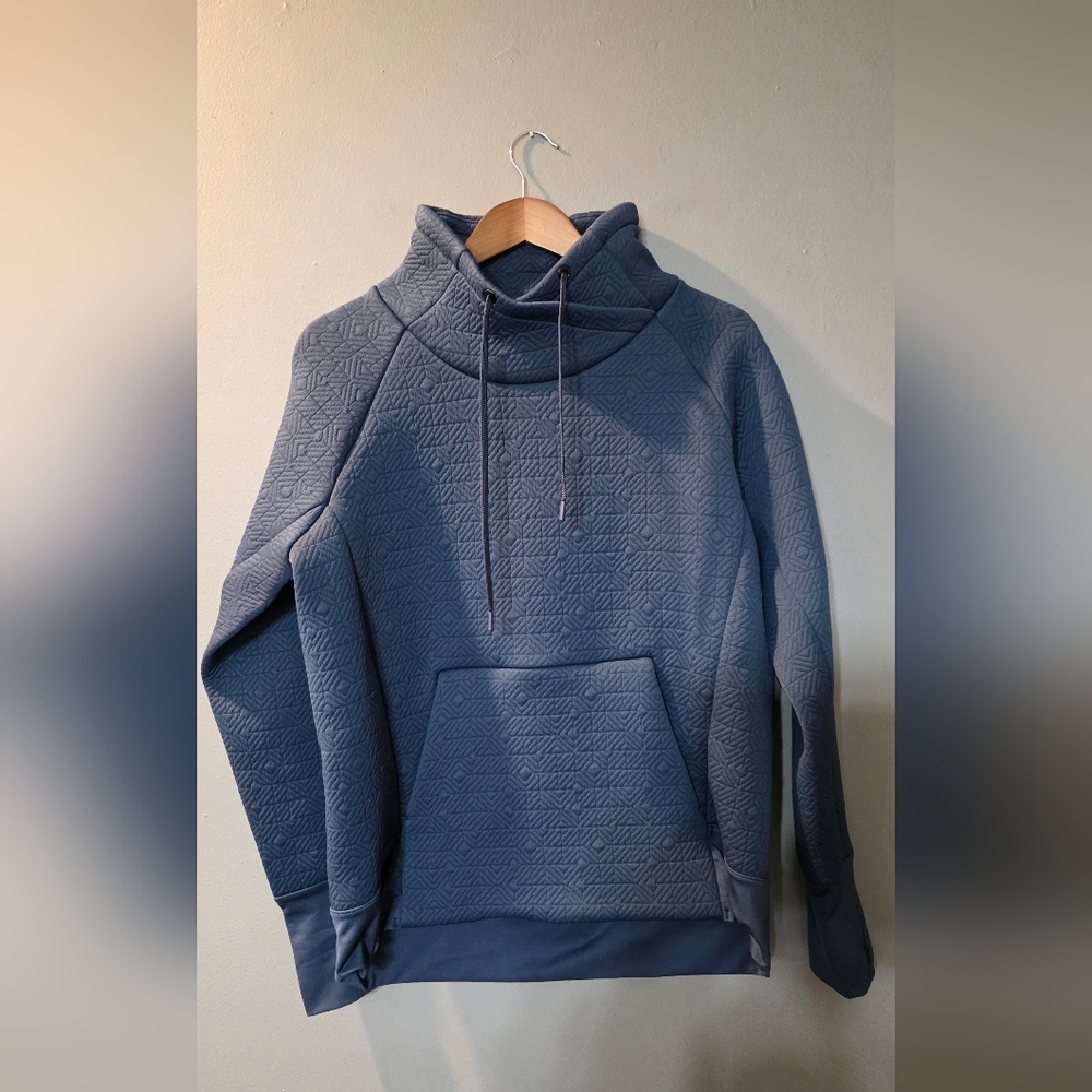 Athleta Elevation Hoodie Navy Pullover Cowl Neck Jacquard Quilted Womens M
